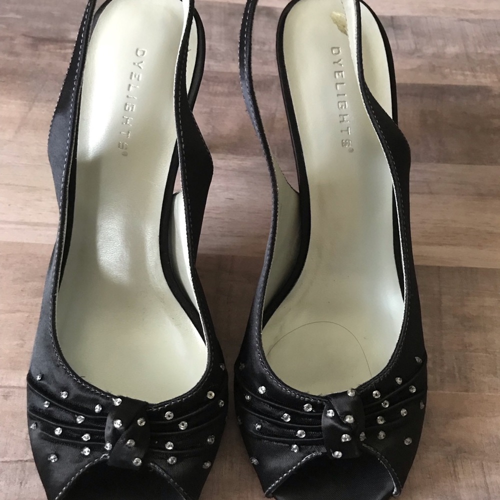 Black satin dyed sling back open toed shoes 3 in